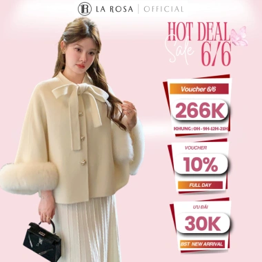 Áo choàng tay lông Tiểu Thư La Rosa T312 màu hồng đỏ kem cổ nơ siêu xinh, mùa đông Noel Tết - Giá 1.15tr