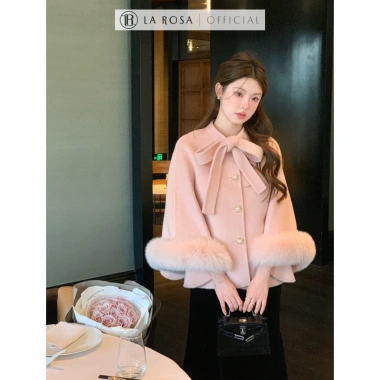 Áo choàng tay lông Tiểu Thư La Rosa T312 màu hồng đỏ kem cổ nơ siêu xinh, mùa đông Noel Tết - Giá 1.15tr