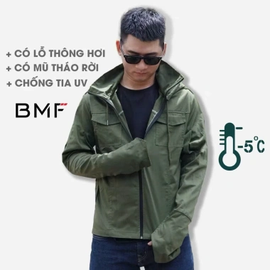 Áo chống nắng kaki nam xanh, lỗ thoáng khí, mũ tháo rời - cao cấp, giá 258.000 VND