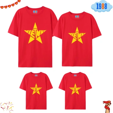 Áo cờ đỏ sao vàng cotton xịn, in hình cờ VN, full size 15‑76kg cho cả gia đình - 98.000₫