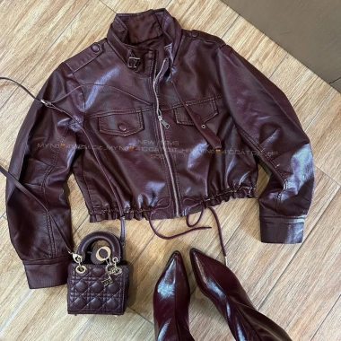 Áo da bomber nữ day rút cao cổ Đai cổ 5.637 - màu đen nâu đỏ, giảm giá 595k