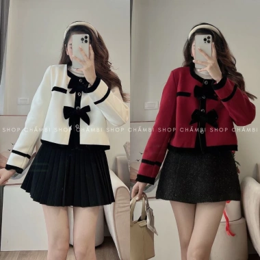 Áo dạ nữ A.564 croptop cổ tròn dài tay 2 nơ ngực tiểu thư - 213k