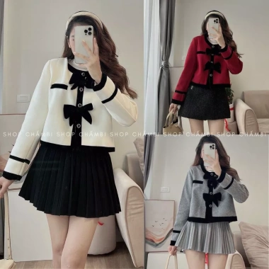 Áo dạ nữ A.564 croptop cổ tròn dài tay 2 nơ ngực tiểu thư - 213k