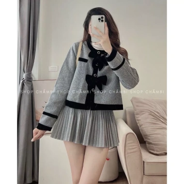 Áo dạ nữ A.564 croptop cổ tròn dài tay 2 nơ ngực tiểu thư - 213k