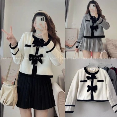 Áo dạ nữ A.564 croptop cổ tròn dài tay 2 nơ ngực tiểu thư - 213k