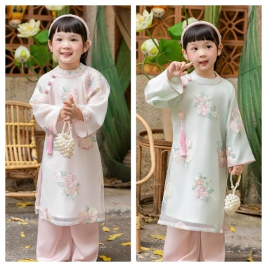 Áo dài bé gái dáng suông nhẹ 2 màu vải tơ thêu hoa cao cấp - Tết 2.026 giảm giá 270k VNĐ