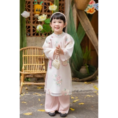 Áo dài bé gái dáng suông nhẹ 2 màu vải tơ thêu hoa cao cấp - Tết 2.026 giảm giá 270k VNĐ