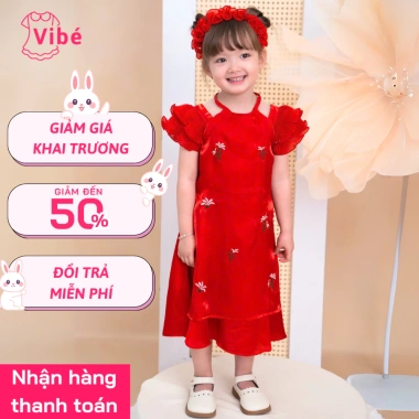 Áo Dài Bé Gái Màu Đỏ Công Chúa Hiện Đại Thêu Hoa Nhí - Vibé OH23 Giá 304.000₫