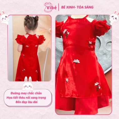 Áo Dài Bé Gái Màu Đỏ Công Chúa Hiện Đại Thêu Hoa Nhí - Vibé OH23 Giá 304.000₫