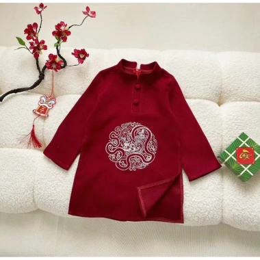 Áo dài bé trai nhung chéo 10-30kg, 2 màu sữa đỏ, áo dài tết trẻ em, giảm giá 109k 4