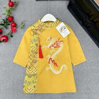 Áo dài bé trai tết mềm mịn, thêu rồng sắc nét, kèm quần dài – chỉ 99.000₫