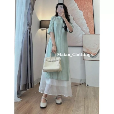 Áo dài cách tân 2 tà cổ tàu đính cúc ngọc trai, hoa Maian, tay lỡ + váy voan dài cạp chun - 89.000đ 8