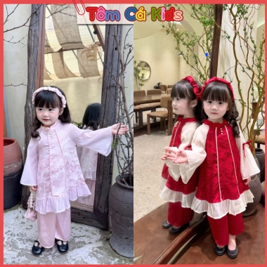 Áo dài cách tân bé gái váy đỏ hồng kèm mận + quần lụa duyên dáng, thích hợp đi chơi, chụp ảnh - AD3 - Giá ưu đãi 165k