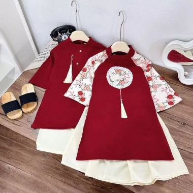 Áo dài cách tân cặp đôi bé trai bé gái - Áo nhung, chân váy/quần lụa 10-30kg, thiết kế hiện đại, chất liệu thoải mái, chỉ 198.000đ điểm nhấn lễ hội