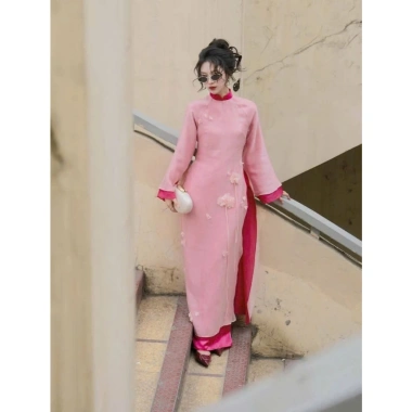 Áo dài cách tân cặp đôi Hoa Linh tơ kim sa cao cấp - Giảm giá 549.000đ JHILLIKO79