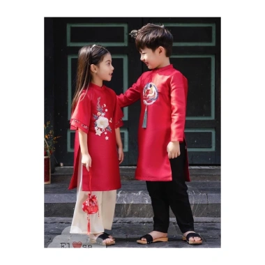 Áo Dài Cách Tân Cặp Đôi Tafta Hoa Thêu Bé Trai & Bé Gái 1-8 Tuổi - Giá 70.000 VNĐ