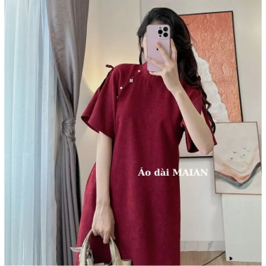 Áo dài cách tân chất nhung tăm du xuân và chân váy voan Maian cổ tim 2 tà đính ngọc, tay lỡ cánh tiên S5.055 - Giá ưu đãi 85.500 VND 3