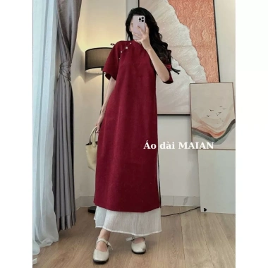 Áo dài cách tân chất nhung tăm du xuân và chân váy voan Maian cổ tim 2 tà đính ngọc, tay lỡ cánh tiên S5.055 - Giá ưu đãi 85.500 VND 4