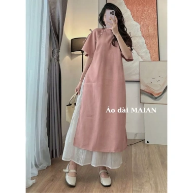 Áo dài cách tân chất nhung tăm du xuân và chân váy voan Maian cổ tim 2 tà đính ngọc, tay lỡ cánh tiên S5.055 - Giá ưu đãi 85.500 VND 6
