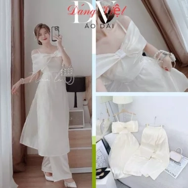 Áo Dài Cách Tân Cổ Yếm Đỏ Tết Gấm và Chân Váy Midi Lụa Trắng - Giá chỉ 395.200đ