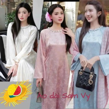 Áo dài cách tân dáng xuông Tết gấm Trúc Anh tay loe, cổ đính kết sang và quý phái - 230k