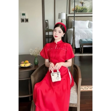 Áo dài cách tân đính ngọc tay bồng, tơ nến mềm mịn 2 lớp kèm quần tiệc, kỷ yếu, tết 2