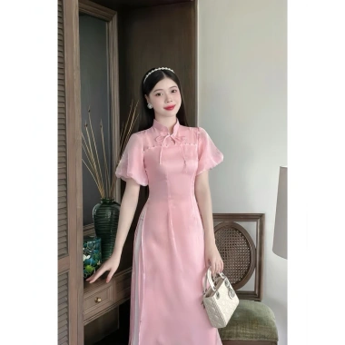 Áo dài cách tân đính ngọc tay bồng, tơ nến mềm mịn 2 lớp kèm quần tiệc, kỷ yếu, tết 3