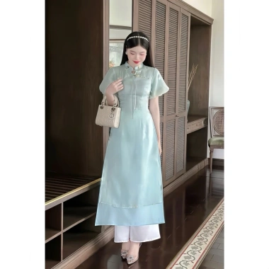 Áo dài cách tân đính ngọc tay bồng, tơ nến mềm mịn 2 lớp kèm quần tiệc, kỷ yếu, tết 5
