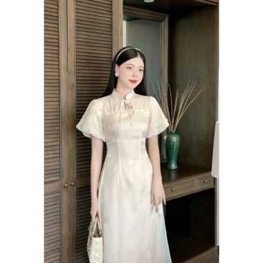 Áo dài cách tân đính ngọc tay bồng, tơ nến mềm mịn 2 lớp kèm quần tiệc, kỷ yếu, tết 6