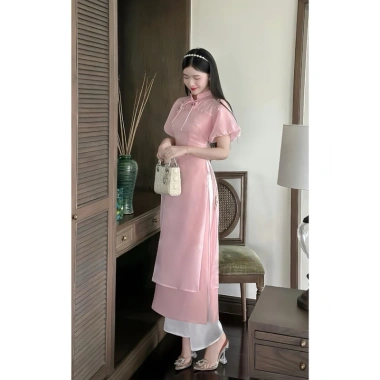 Áo dài cách tân đính ngọc tay bồng, tơ nến mềm mịn 2 lớp kèm quần tiệc, kỷ yếu, tết 8