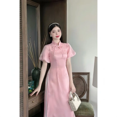 Áo dài cách tân đính ngọc tay bồng, tơ nến mềm mịn 2 lớp kèm quần tiệc, kỷ yếu, tết 10