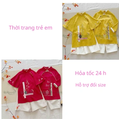 Áo dài cách tân đôi nhung thêu 2 màu vàng đỏ kèm quần tết bé trai bé gái 10‑30kg, giảm giá đặc biệt 139k - đẹp mắt