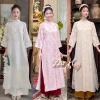 Áo dài cách tân DƯ HY cổ tàu 4 tà, vải lụa tơ hoa nổi, tay lỡ suông, kèm quần lụa - 185.220₫