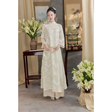 Áo dài cách tân DƯ HY cổ tàu 4 tà, vải lụa tơ hoa nổi, tay lỡ suông, kèm quần lụa - 185.220₫ 2