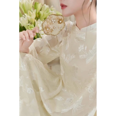 Áo dài cách tân DƯ HY cổ tàu 4 tà, vải lụa tơ hoa nổi, tay lỡ suông, kèm quần lụa - 185.220₫ 3