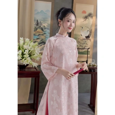 Áo dài cách tân DƯ HY cổ tàu 4 tà, vải lụa tơ hoa nổi, tay lỡ suông, kèm quần lụa - 185.220₫ 6