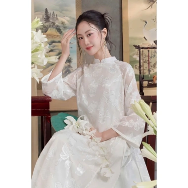 Áo dài cách tân DƯ HY cổ tàu 4 tà, vải lụa tơ hoa nổi, tay lỡ suông, kèm quần lụa - 185.220₫ 8