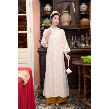 Áo dài cách tân DƯ HY cổ tàu 4 tà, vải lụa tơ hoa nổi, tay lỡ suông, kèm quần lụa - 185.220₫ 9