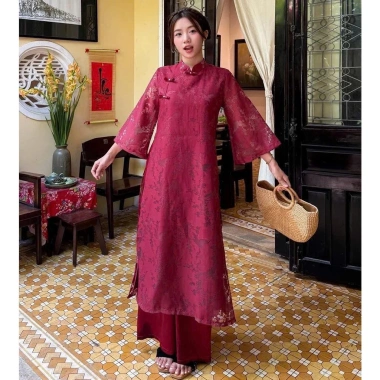 Áo dài cách tân gấm 4tà S5.067, áo lót lụa cổ tàu nẹp lệch, tay lửng, khuy, kèm quần lụa ống rộng Maian - 85.000 VND 6