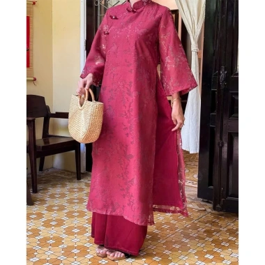 Áo dài cách tân gấm 4tà S5.067, áo lót lụa cổ tàu nẹp lệch, tay lửng, khuy, kèm quần lụa ống rộng Maian - 85.000 VND 7