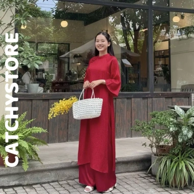 Áo dài cách tân gấm họa tiết chìm dáng suông đính cúc, kèm quần lụa nhẹ nhàng, thiết kế tinh tế độc đáo cho lễ tết - Giá 145.000đ - CATCHYstore 9