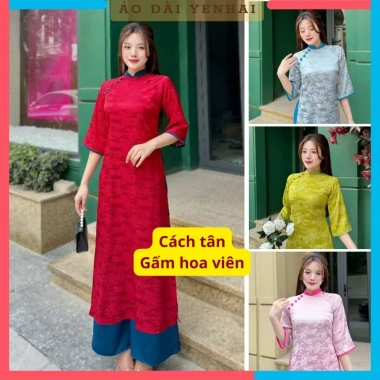 Áo dài cách tân Gấm Hoa viên cổ màu, cúc bọc vải - Thiết kế đẹp cho lễ tết, giá 268.000₫
