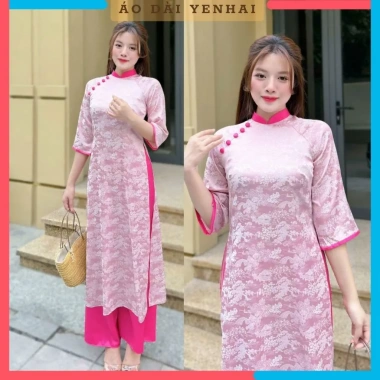 Áo dài cách tân Gấm Hoa viên cổ màu, cúc bọc vải - Thiết kế đẹp cho lễ tết, giá 268.000₫ 4