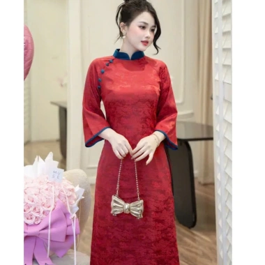 Áo dài cách tân gấm hoa viên xanh lam - Thiết kế Tết sang trọng, chỉ 232.800₫