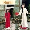 Áo dài cách tân Hami dáng suông, cổ trụ cao, tay lỡ loe, vải lụa gấm tơ họa tiết thọ rơi - giảm giá 260.000₫ đẹp sang đồ cưới lễ tết