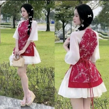Áo dài cách tân hoa kèm chân váy ngắn xòe trẻ trung mặc Tết giảm giá 159k 2