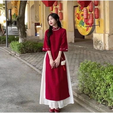 Áo dài cách tân hoa thêu kèm chân váy trắng nhung siêu xinh - Giá ưu đãi 239k