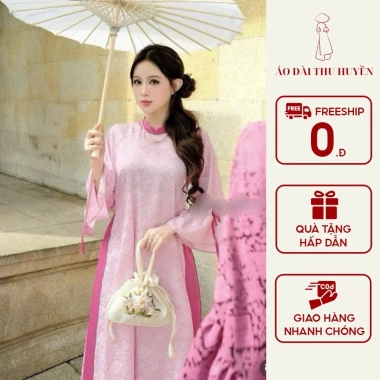 Áo dài cách tân lụa gấm cao cấp cổ cao 2 tà đính nơ sang trọng - Tết lễ hội