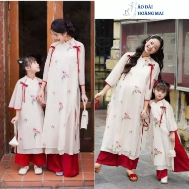 Áo Dài Cách Tân Mẹ & Bé Mai Chi Thêu Hoa, Nơ Duyên Dáng - Truyền Thống Hiện Đại, Mặc Tết & Đi Lễ - 265k