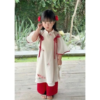 Áo Dài Cách Tân Mẹ & Bé Mai Chi Thêu Hoa, Nơ Duyên Dáng - Truyền Thống Hiện Đại, Mặc Tết & Đi Lễ - 265k